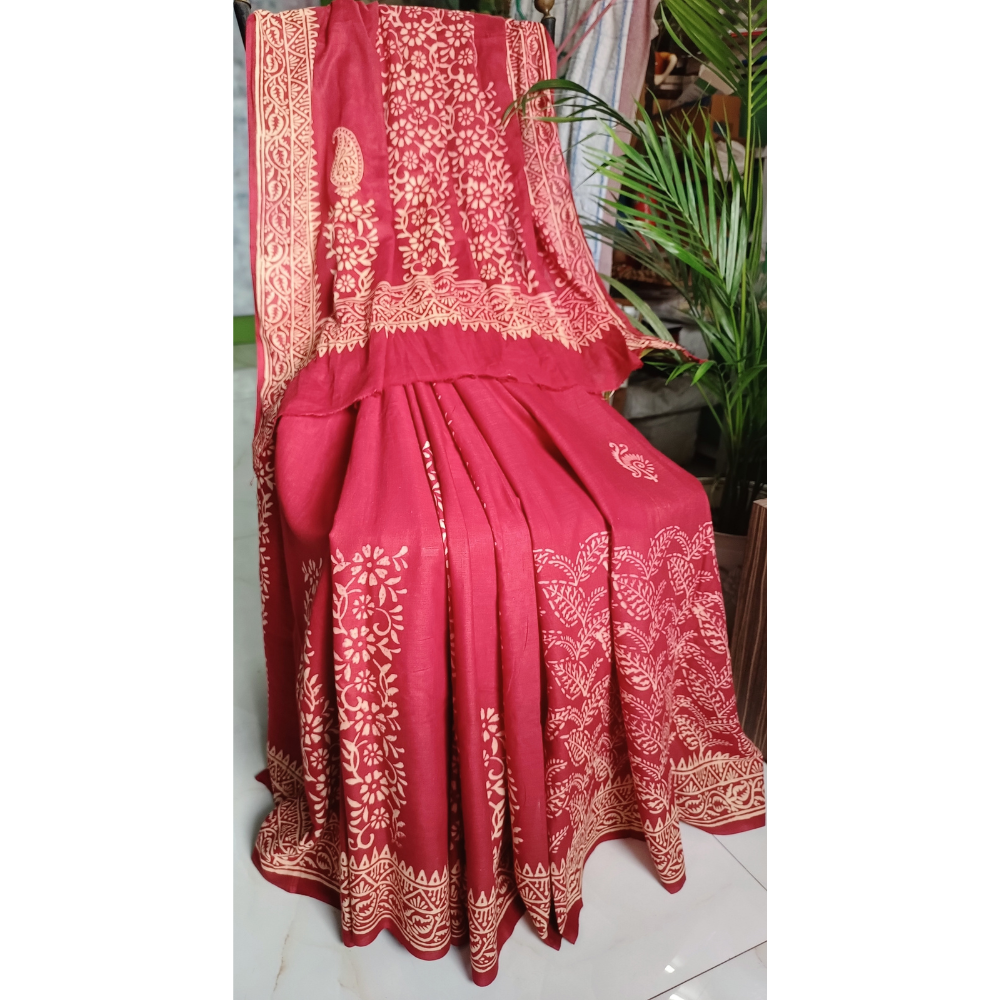 Vegetable Dye  Hand Block Printed  Mulmul Cotton Saree