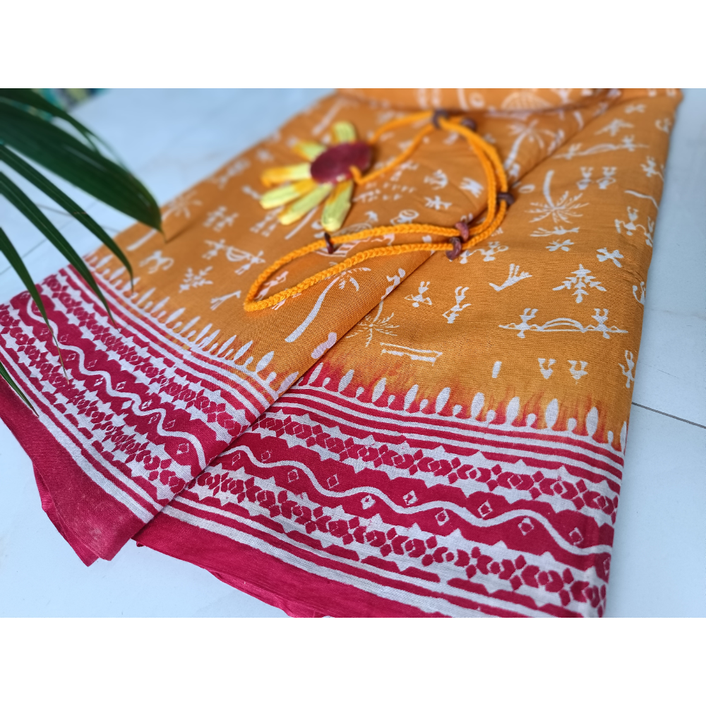 Hand Warli Printed  Mulmul Cotton Saree