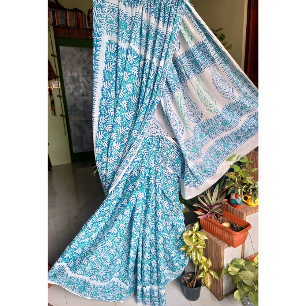 Vegetable Dye  Hand Block Printed  Mulmul Cotton Saree