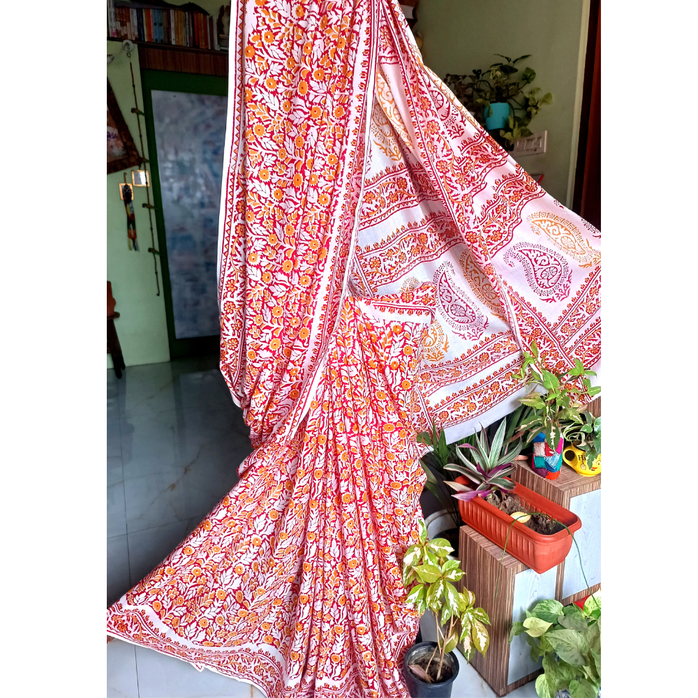 Vegetable Dye  Hand Block Printed  Mulmul Cotton Saree