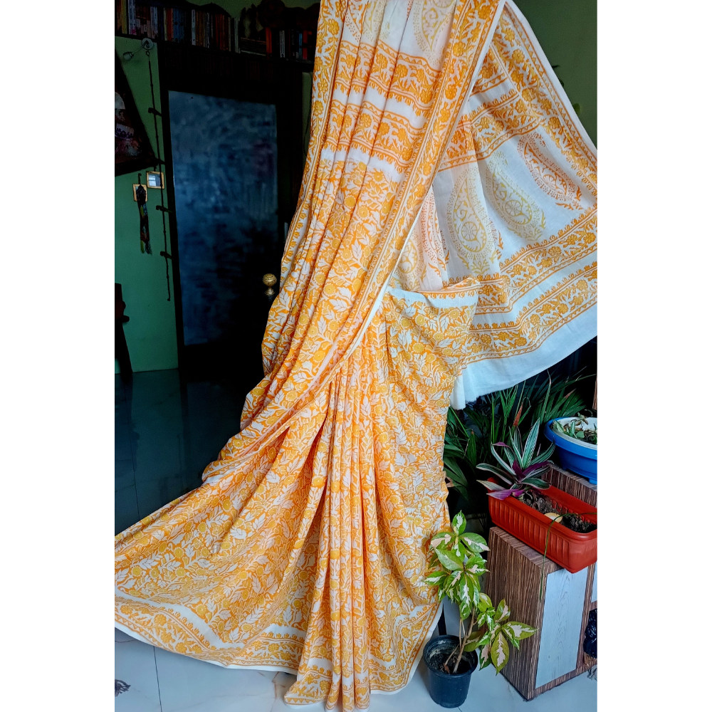 Vegetable Dye  Hand Block Printed  Mulmul Cotton Saree