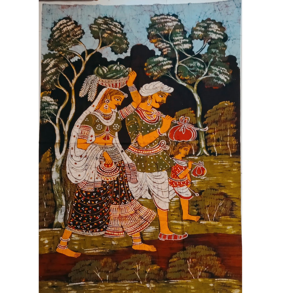 Batik Cotton Tapestry Wall Hanging  depicting  Rural India