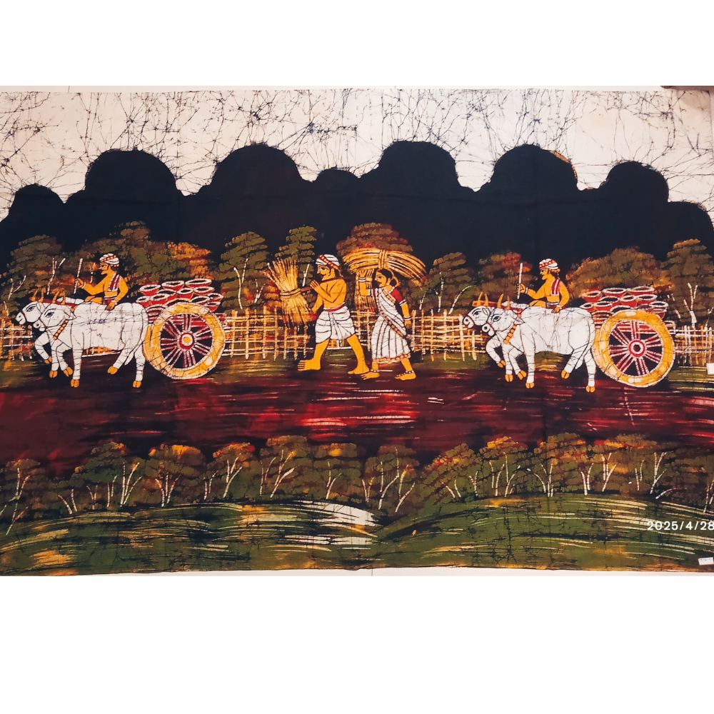 Batik Cotton Tapestry Wall Hanging  depicting  Rural India