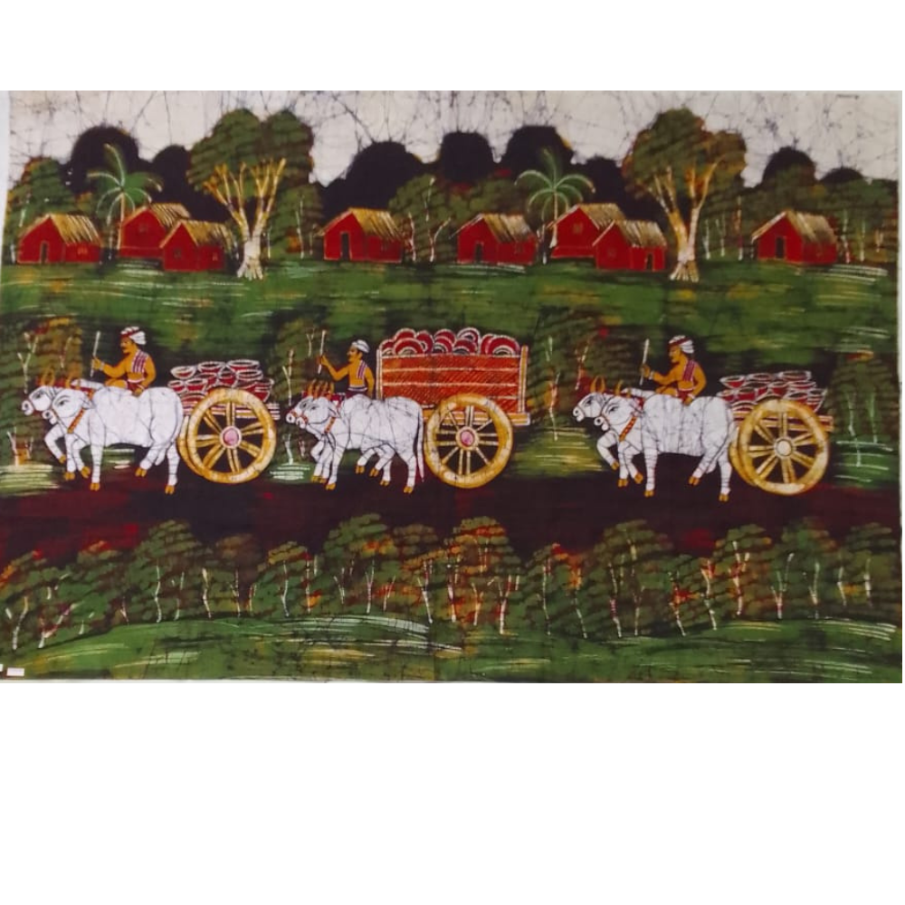 Batik Cotton Tapestry Wall Hanging  depicting  Rural India
