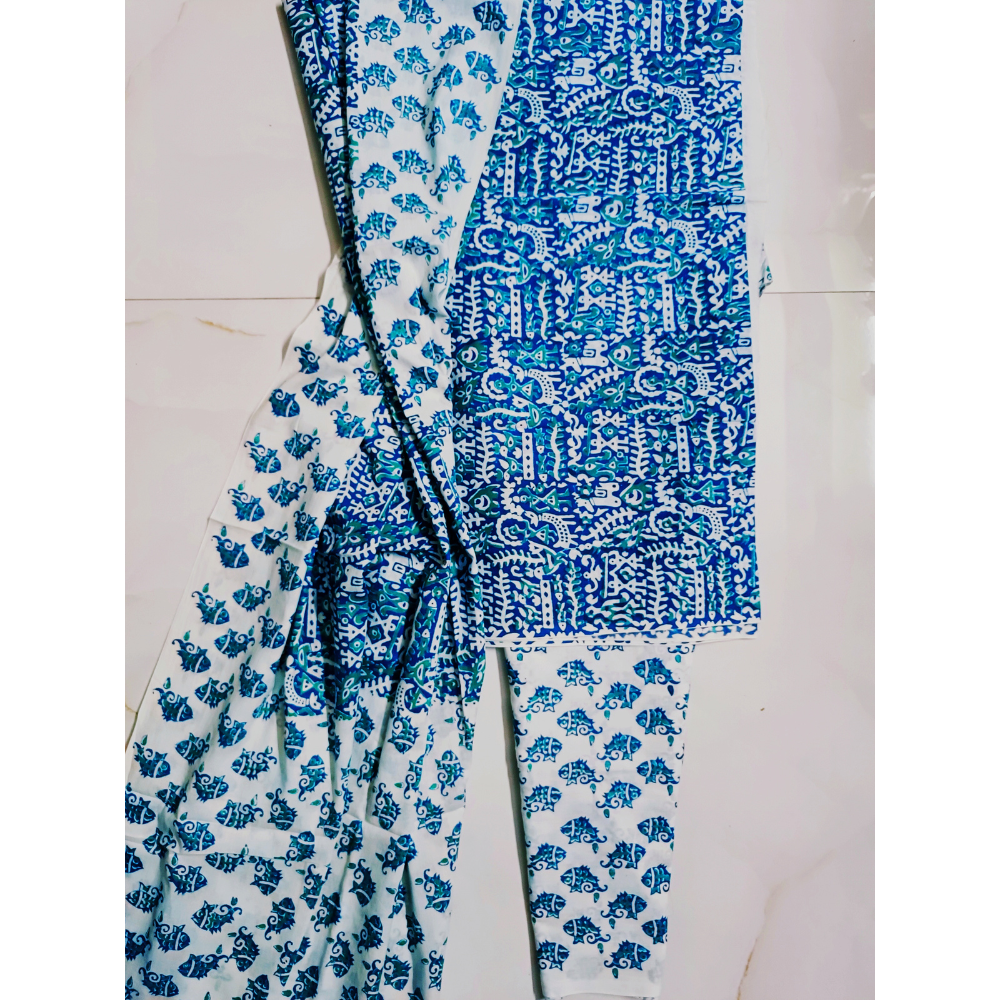 Natural Vegetable dye Hand printed fine Mulmul unstitched Suit set