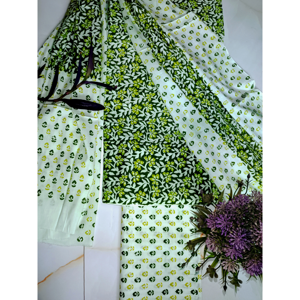 Natural Vegetable dye Hand printed fine Mulmul unstitched Suit set